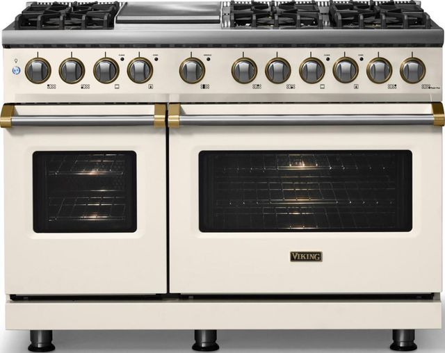 Viking® 5 Series 48" Pure White Pro Style Dual Fuel (LP) Range with Brushed Brass Trim-2