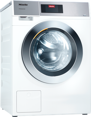 Front view of the Miele Little Giants 2.6 Cu. Ft. Enamelled Lotus White Washing Machine