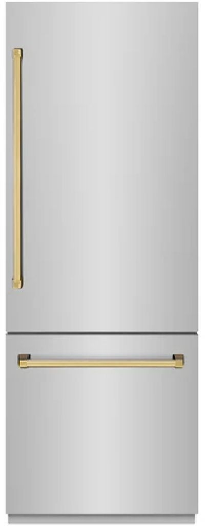 ZLINE Autograph Edition 30" 16.1 Cu. Ft. Stainless Steel Built-In Bottom Freezer Refrigerator with Graphite Gray Interior and Polished Gold Accents-0