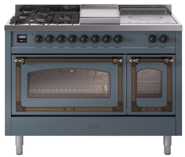Ilve® Nostalgie II Noblesse 48'' Blue Gray Pro Style Dual Fuel Range with Burnished Trim-0