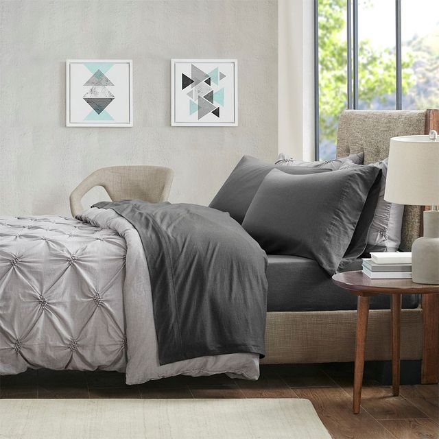 Olliix by Urban Habitat Charcoal Queen Heathered Cotton Jersey Knit Sheet Set-4