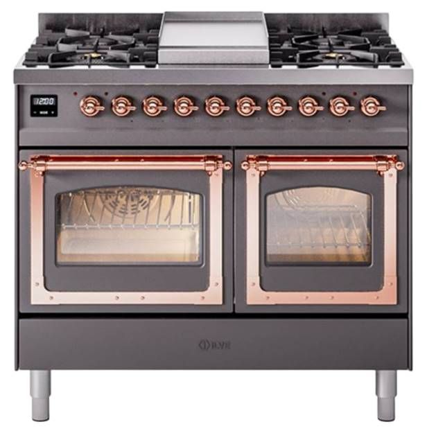 Ilve® Nostalgie II Noblesse 40'' Graphite Matte Pro Style Dual Fuel Range with Copper Trim-0