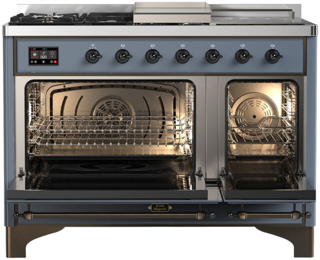 Ilve® Majestic III 48" Blue Gray Pro Style Dual Fuel Natural Gas Range with 5 Black Brass Burners and Burnished Trim-1