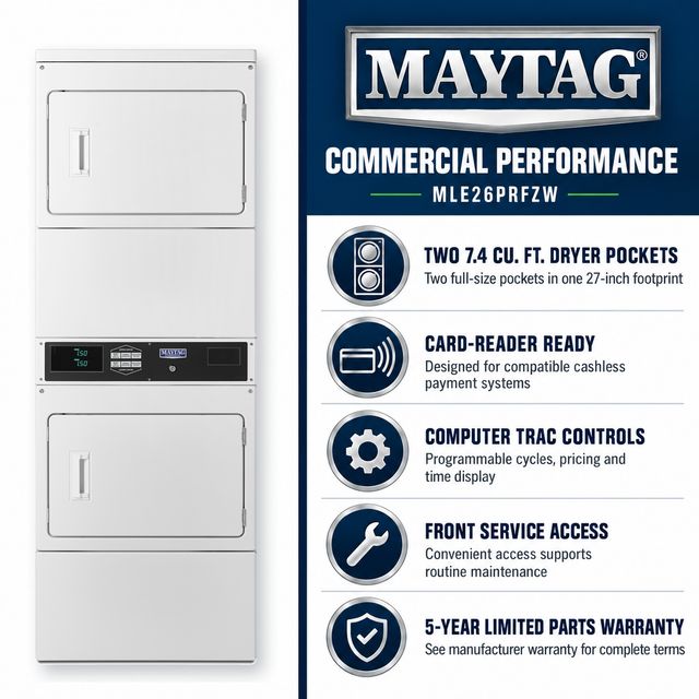 Maytag Commercial MLE26PRFZW Two-Pocket Card-Reader-Ready Electric Stacked Dryer, 14.8 Cu. Ft. Total Capacity, White-3