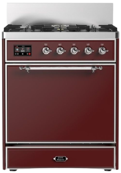 Ilve® Majestic III 30" Burgundy Pro Style Dual Fuel Natural Gas Range with 5 Black Brass Burners and Chrome Trim-0