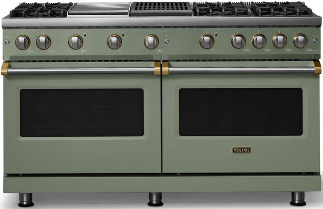 Viking® 5 Series 60" Eucalyptus Pro Style Gas (NG) Range with Brushed Brass Trim-0