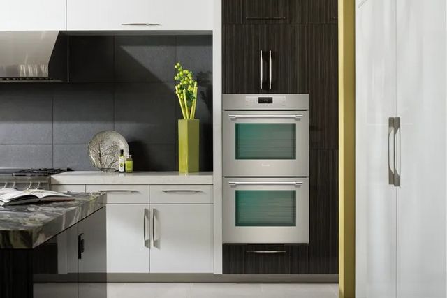 front view of a Thermador double wall oven in a modern kitchen 