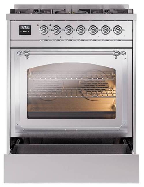 Ilve® Nostalgie II Noblesse 30" Stainless Steel Pro Style Dual Fuel Range with Chrome Trim-3