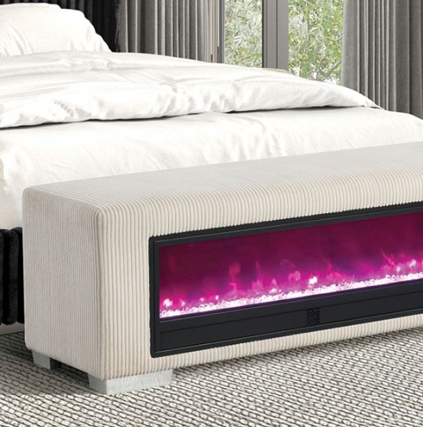 Furniture of America® Elnath Beige Bench with Visual Wood Log Fireplace-2