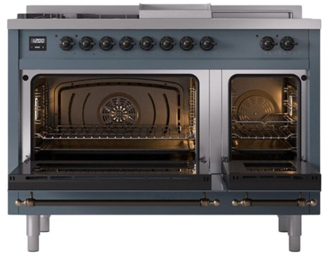 Ilve® Nostalgie II Noblesse 48'' Blue Gray Pro Style Dual Fuel Range with Burnished Trim-2
