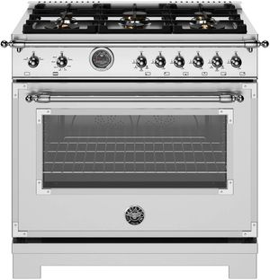 Front view of the Bertazzoni Heritage Series 36" Fingerprint Resistant Stainless Steel Pro Style Gas Range