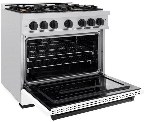 ZLINE Classic Series Autograph Edition 36" Satin Stainless Steel Pro Style Dual Fuel Range with White Matte Door and Matte Black Accents-3