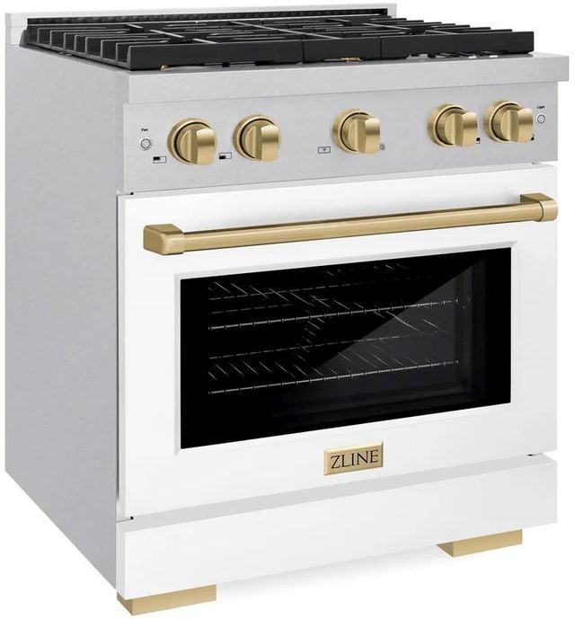 ZLINE Autograph Edition Paramount 30" Satin Stainless Steel Pro Style Dual Fuel Range with White Matte Door and Champagne Bronze Accents-2