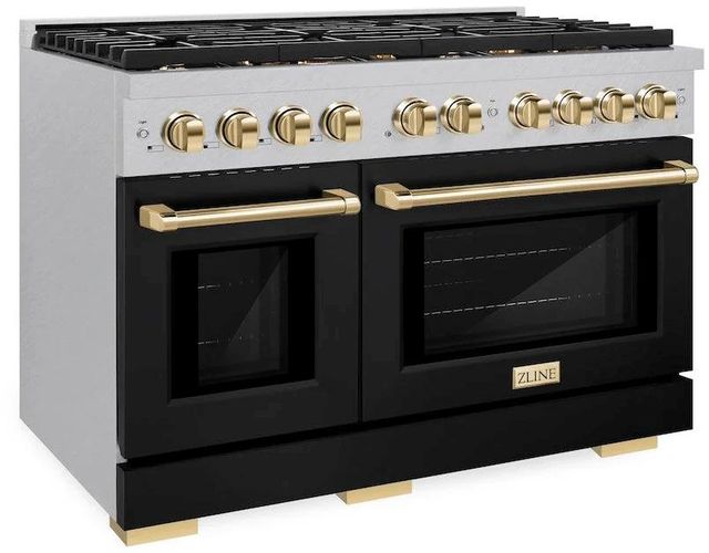 ZLINE Autograph Edition Paramount 48" Satin Stainless Steel Pro Style Gas Range with Black Matte Door and Polished Gold Accents-1