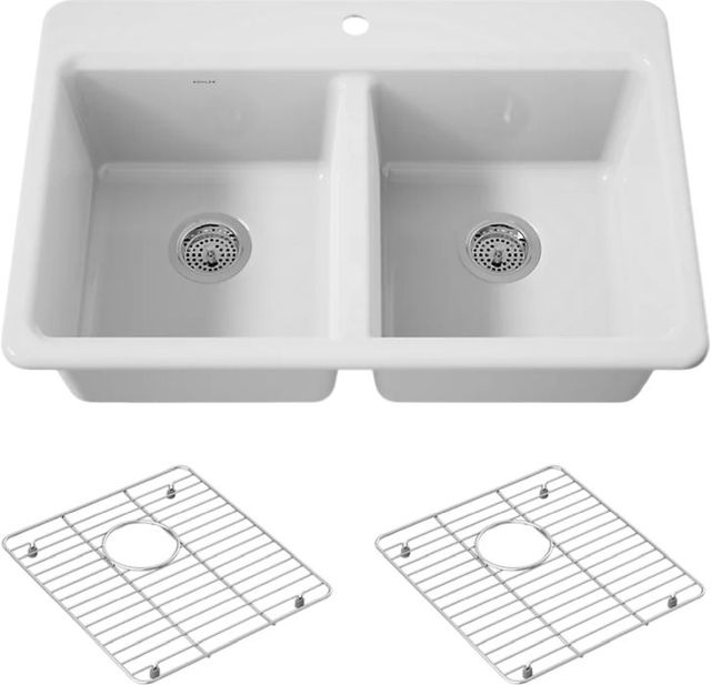 KOHLER® Riverby® White 33" 1-Faucet Hole Top-Mount Double-Equal Bowl Kitchen Sink-0