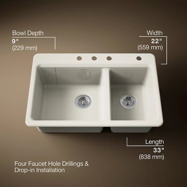KOHLER® Riverby® Biscuit 33" 4-Faucet Hole Top-Mount Double-Bowl Kitchen Sink-3