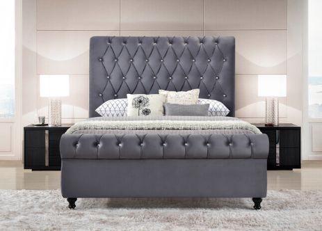 Milton Greens Stars Dark Gray Eastern King Velvet Rolled Top Tufted Platform Bed-1