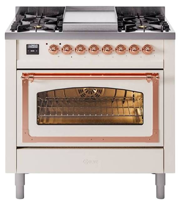 Ilve® Nostalgie II Noblesse 36'' Antique White Pro Style Dual Fuel Range with Copper Trim-0