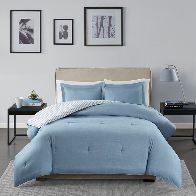 Olliix by Madison Park Essentials Hayden Blue Full/Queen Reversible Yarn Dyed Down Alternative Comforter Set-0