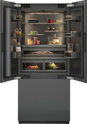 Front view of the opened Gaggenau 400 Series 36 in. 20.1 Cu. Ft. Panel Ready Built In Counter Depth French Door Refrigerator