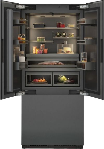 Front view of the opened Gaggenau 400 Series 36 in. 20.1 Cu. Ft. Panel Ready Built In Counter Depth French Door Refrigerator