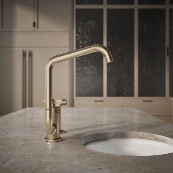 KOHLER® Billet® Vibrant Brushed Bronze Single Cross-Handle Bar Sink Faucet with 2-Function Extended-Reach Spout and Side Sprayer-4
