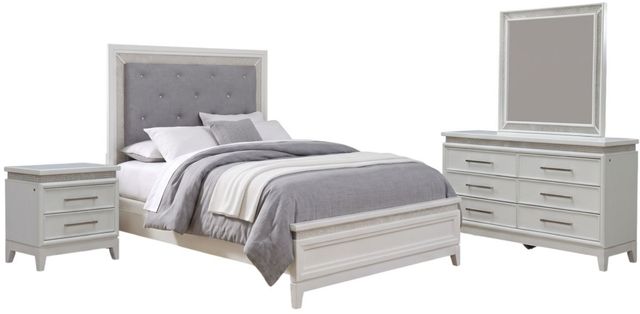 Liberty Furniture Reflections 4-Piece Gray/Pearl White/Rhinestone Queen Upholstered Bedroom Set-0