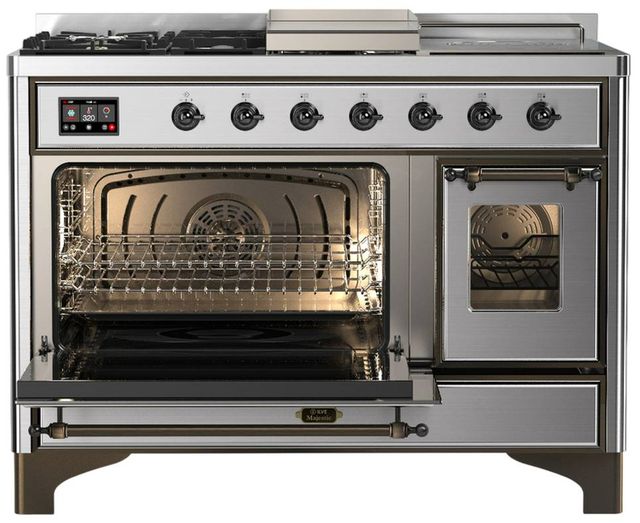 Ilve® Majestic III 48" Stainless Steel Pro Style Dual Fuel Liquid Propane Range with Triple Glass Door and Burnished Trim-3