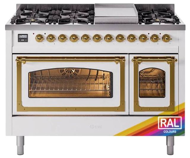 Ilve® Nostalgie II Noblesse 48'' Custom RAL Color Pro Style Dual Fuel Range with Brass Trim-0
