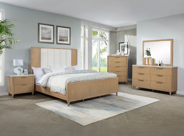 Crown Mark Kara Beige/Cerused Natural King Upholstered Panel Bed-1