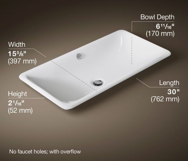 Kohler Iron Plains® White 30" Rectangular Drop-In/Undermount/Vessel Bathroom Sink with White Painted Underside-3