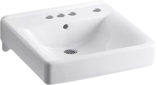 KOHLER® Soho® White Wall-Mount Concealed Arm Carrier Arm Bathroom Sink with 4" Centerset Faucet Holes and Right-Hand Soap Dispenser Hole-0