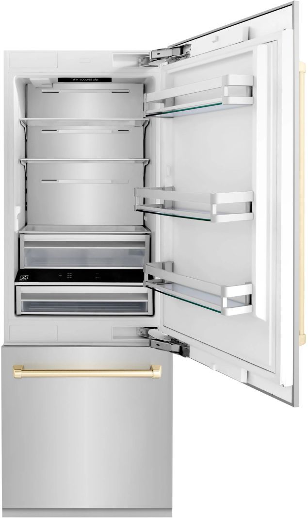 ZLINE Autograph Edition 30 in. 16.1 Cu. Ft. Stainless Steel/Gold Bottom Freezer Refrigerator-1