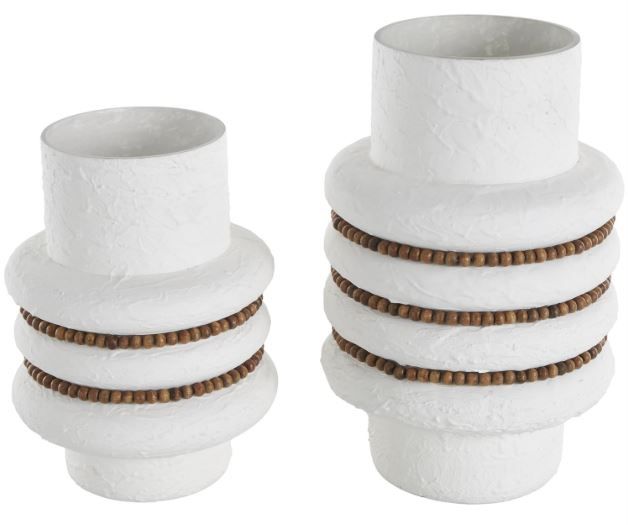 Deco Marche 2-Piece White Glass Vase with Brown Wood Beaded Stripes Set-0