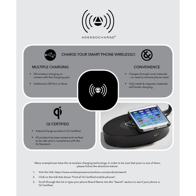 Adesso® Brushed Steel Wireless Charging Table Lamp-2