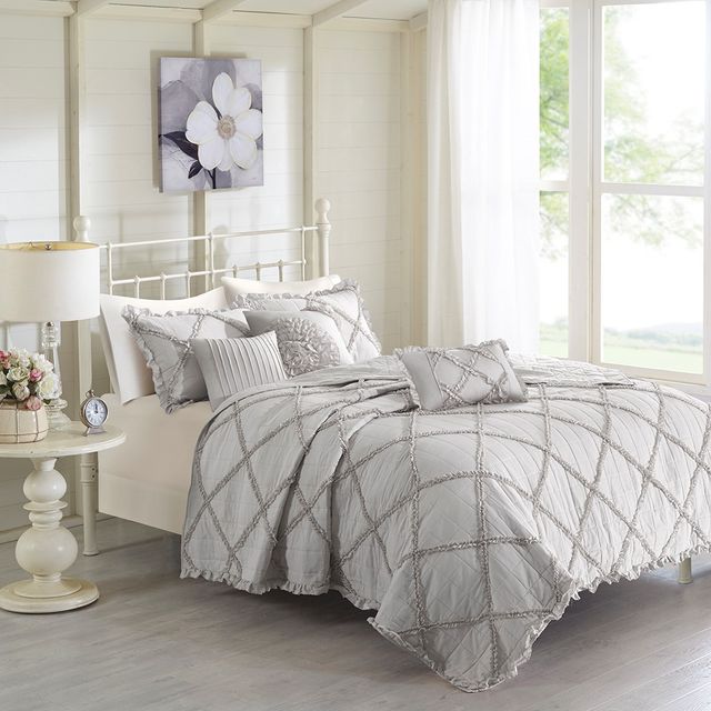 Olliix by Madison Park 6 Piece Grey Full/Queen Rosie Reversible Coverlet Set-0