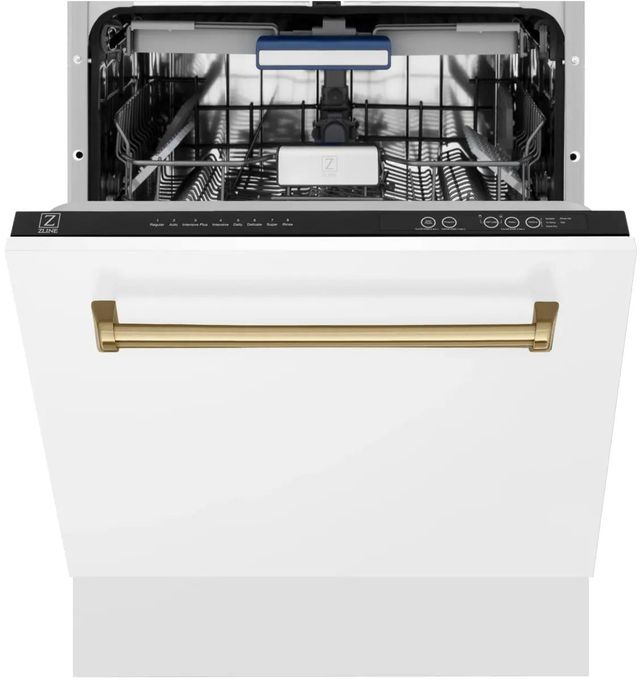 ZLINE Autograph Edition Tallac 24" White Matte Top Control Built In Tall Tub Dishwasher with Champagne Bronze Handle-1