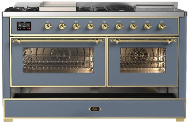 Ilve® Majestic III 60" Blue Gray Pro Style Dual Fuel Liquid Propane Range with French Top and Brass Trim-2