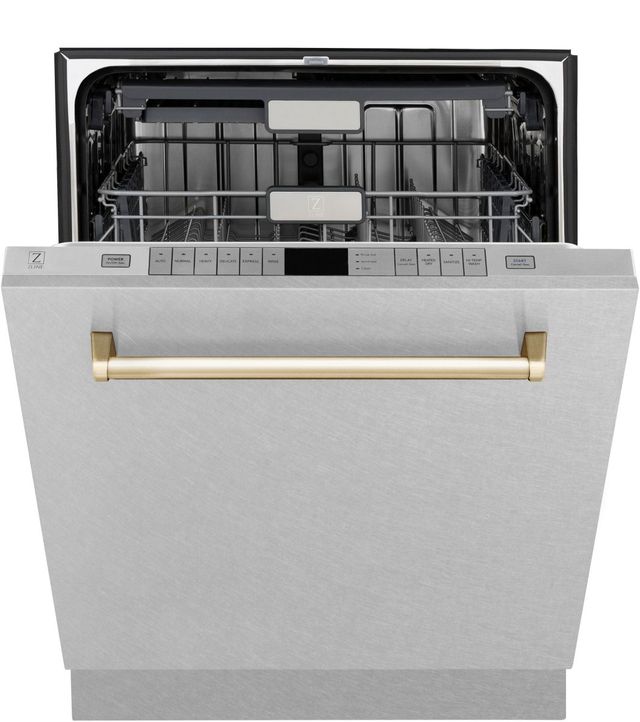 ZLINE Autograph Edition 24" Satin Stainless Steel Built In Dishwasher with Polished Gold Handle-2