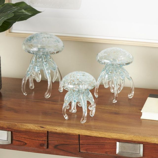 Deco Marche 3-Piece Blue Sea Life Textured Sculpture with Gold and Cream Accents-3