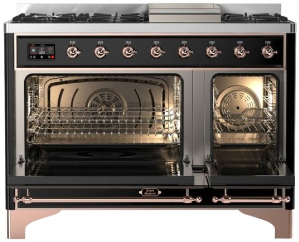 Ilve® Majestic III 48" Glossy Black Pro Style Dual Fuel Liquid Propane Range with Solid Door and Copper Trim-1