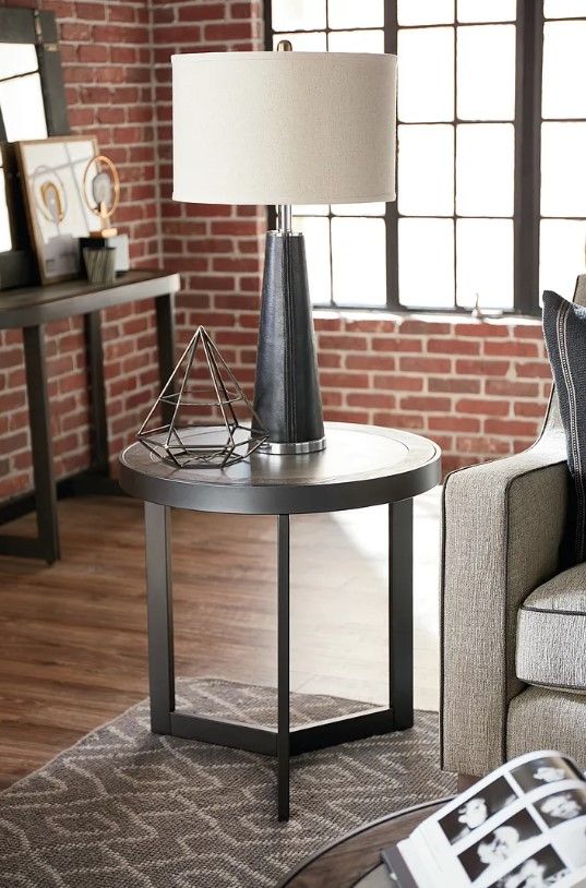 Hammary® Graystone Rustic Dark End Table with Wrought Iron Metal Base-1