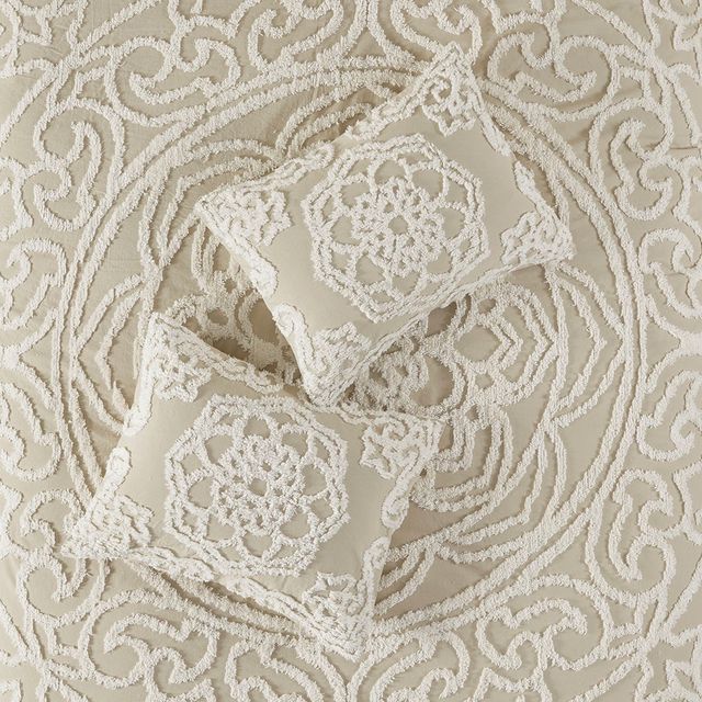 Olliix by Madison Park Laetitia Taupe King/California King Tufted Cotton Chenille Medallion Fringe Coverlet Mini Set-2