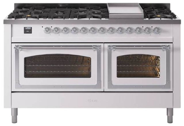 Ilve® Nostalgie II Noblesse 60'' White Pro Style Dual Fuel Range with Chrome Trim-0