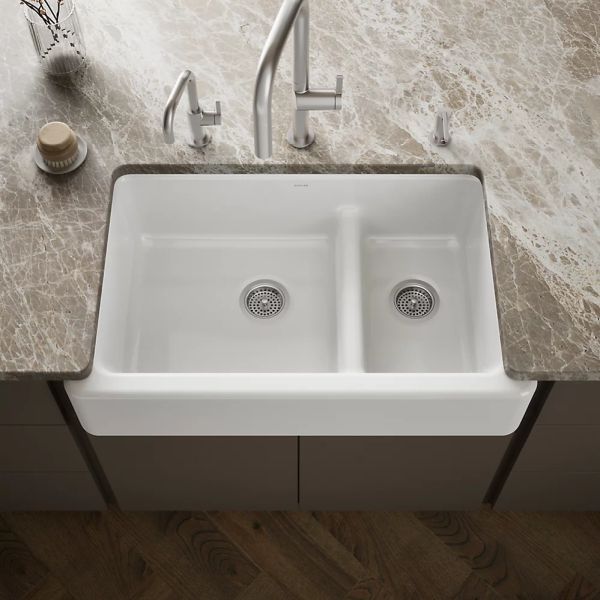 KOHLER® Whitehaven® White Smart Divide® 36" Undermount Double-Bowl Farmhouse Kitchen Sink-1