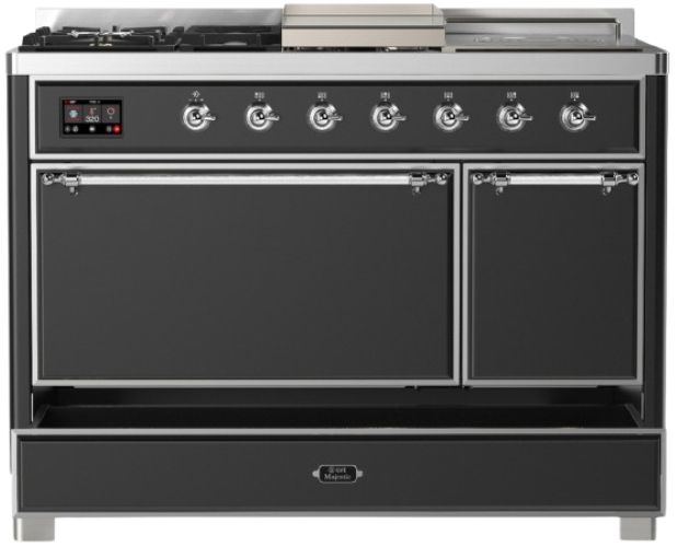 Ilve® Majestic III 48" Graphite Matte Pro Style Dual Fuel Natural Gas Range with French Top and Chrome Trim-2