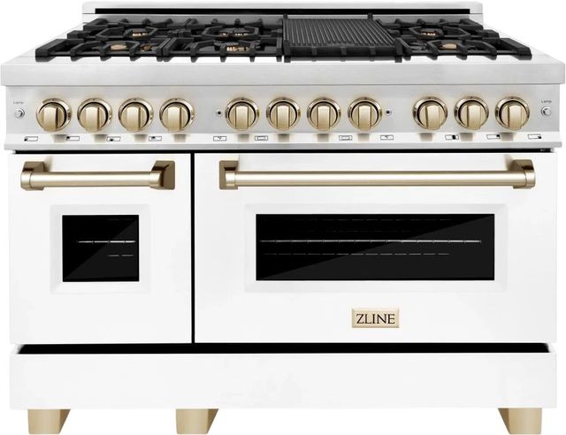 ZLINE Autograph Edition 48" Stainless Steel Pro Style Dual Fuel Range with White Matte Door and Polished Gold Accents-0