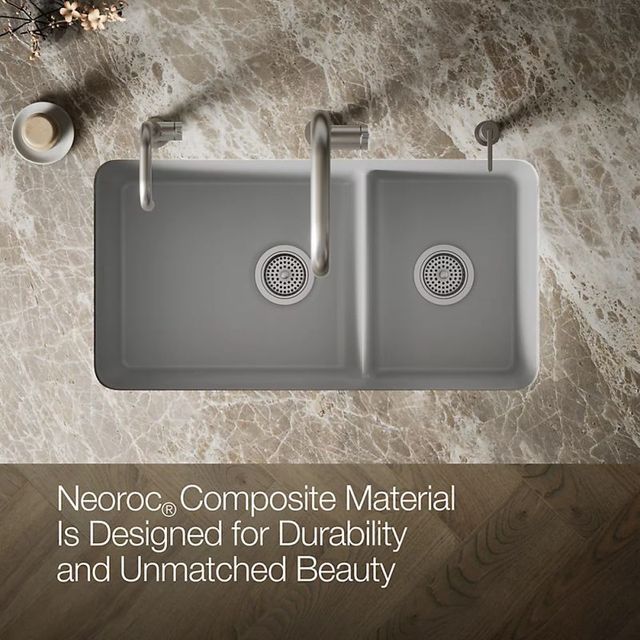 KOHLER® Cairn® Matte Gray 34" Undermount Double Offset Bowl Kitchen Sink-1