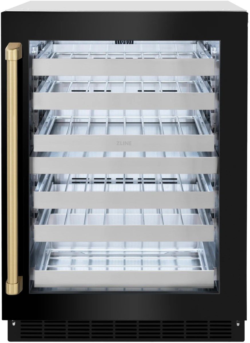 ZLINE Touchstone Autograph Edition 4.8 Cu. Ft. Stainless Steel Wine Cooler with Black Stainless Steel Glass Door and Champagne Bronze Handle