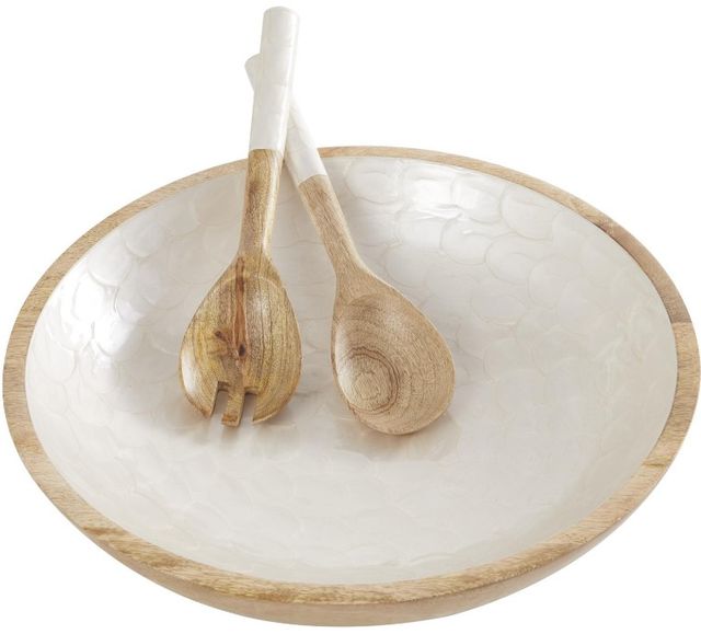 Deco Marche 3-Piece Brown/Cream Mango Wood Handmade Decorative Bowl with Utensils Set-0